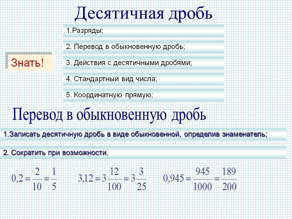 Перевод десятичной дроби в обыкновенную и наоборот: правило, примеры. как перевести в обыкновенную дробь