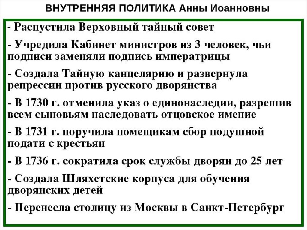 Правление анны иоанновны (1730—1740). внутренняя и внешняя политика анны ивановны